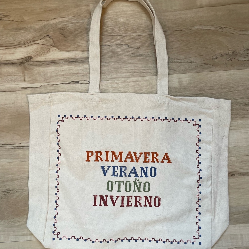 Cream Canvas Tote Bag with Multicolor Print